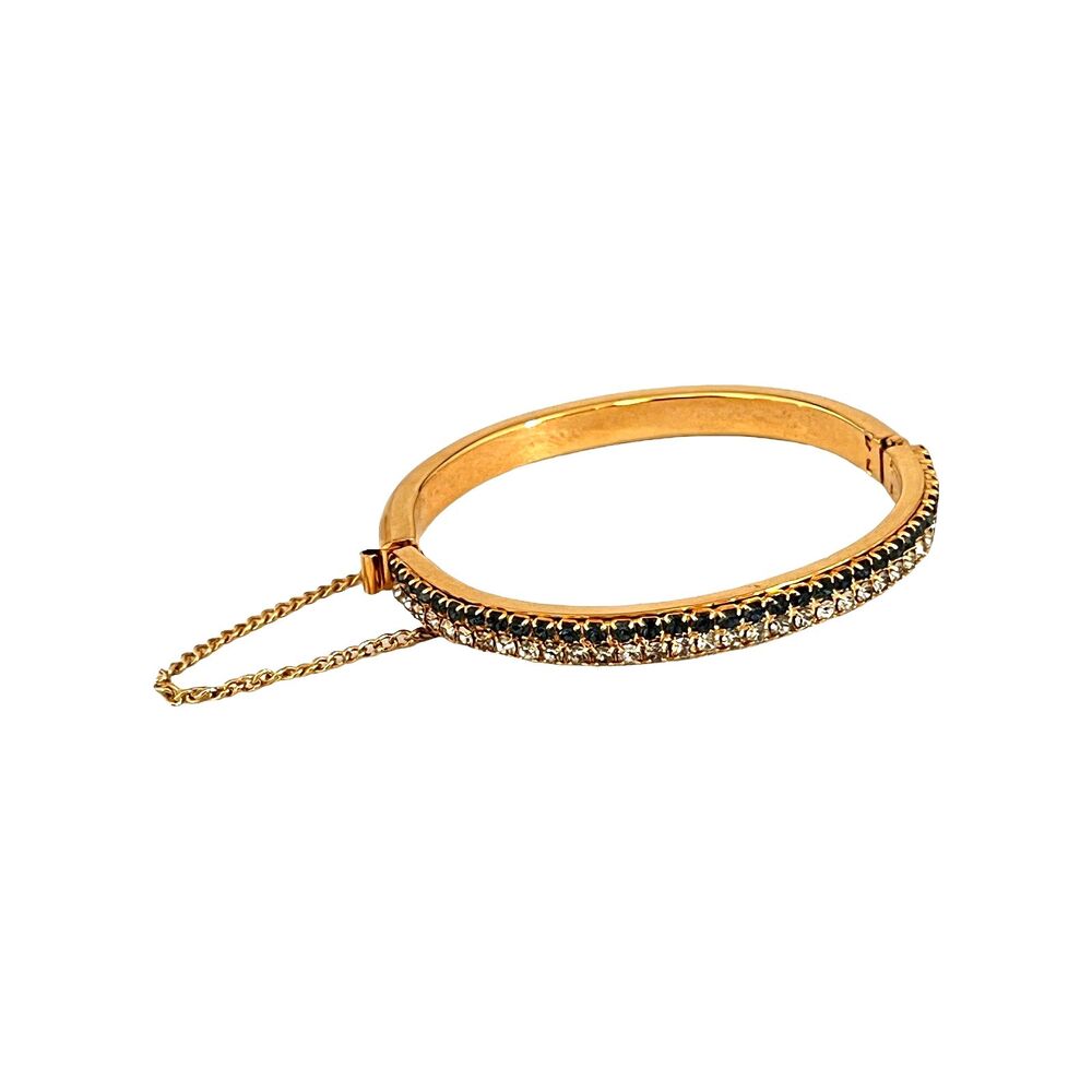 Vintage 1960s Hinged Clamper Bracelet Blue & Clear Rhinestone Gold Tone - 15E
